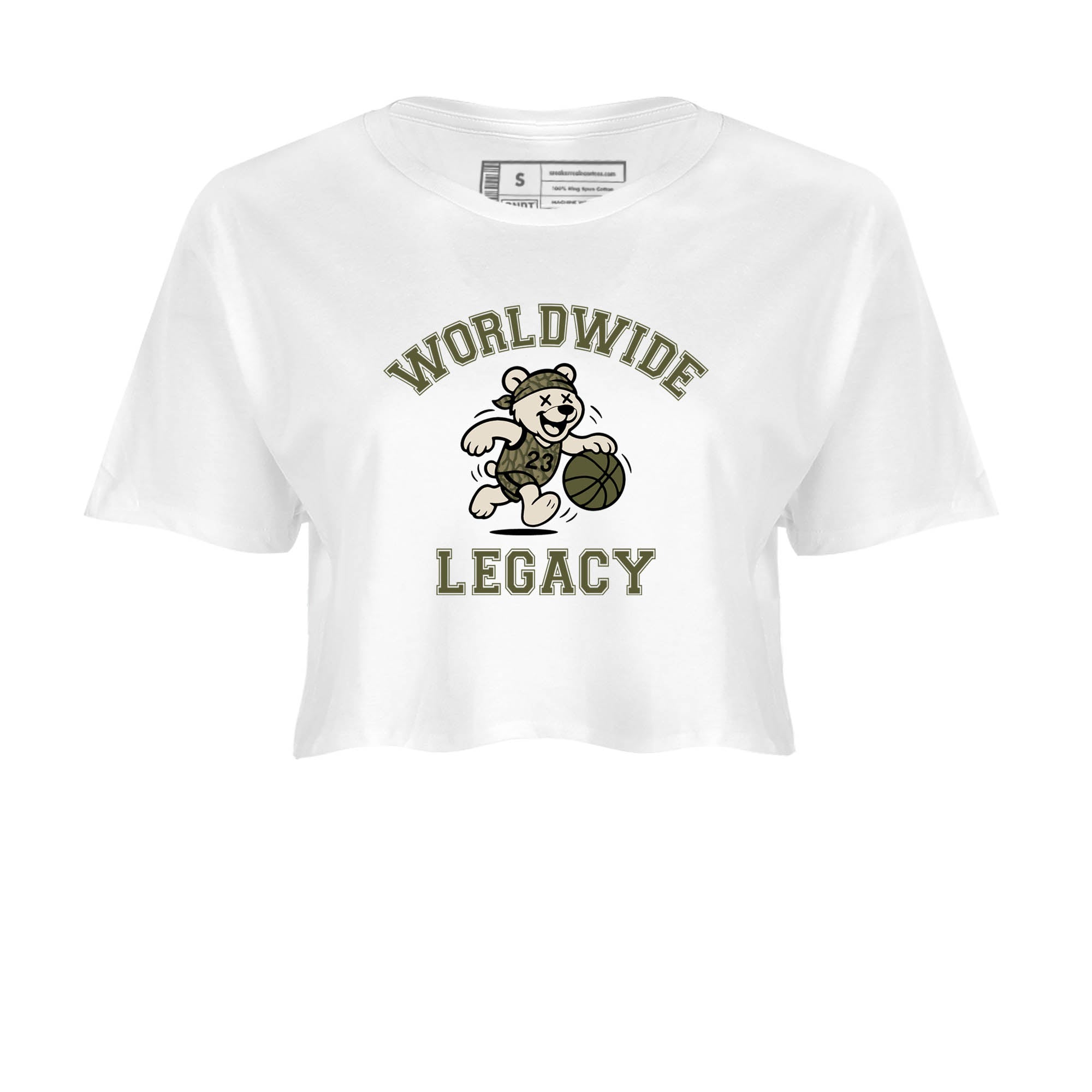 Sneaker Threads – Sneaker Tees To Match Air Jordan 3 Medium Olive – Worldwide Legacy Crop Tee White 2. Perfect for Jordan releases 2025 colorways.