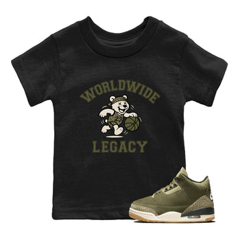 Sneaker Threads – Sneaker Tees To Match Air Jordan 3 Medium Olive – Worldwide Legacy Youth Graphic Tee Black 1. Perfect for Jordan releases 2025 colorways.