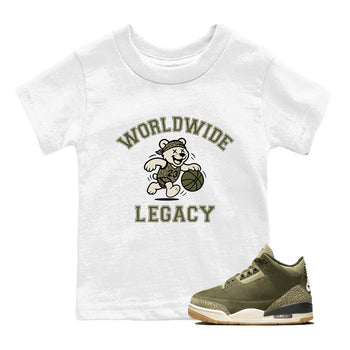 Sneaker Threads – Sneaker Tees To Match Air Jordan 3 Medium Olive – Worldwide Legacy Youth Graphic Tee White 1. Perfect for Jordan releases 2025 colorways.