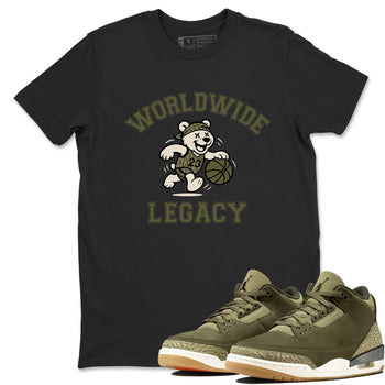 Sneaker Threads – Sneaker Tees To Match Air Jordan 3 Medium Olive – Worldwide Legacy Graphic Tee Black 1. Perfect for Jordan releases 2025 colorways.