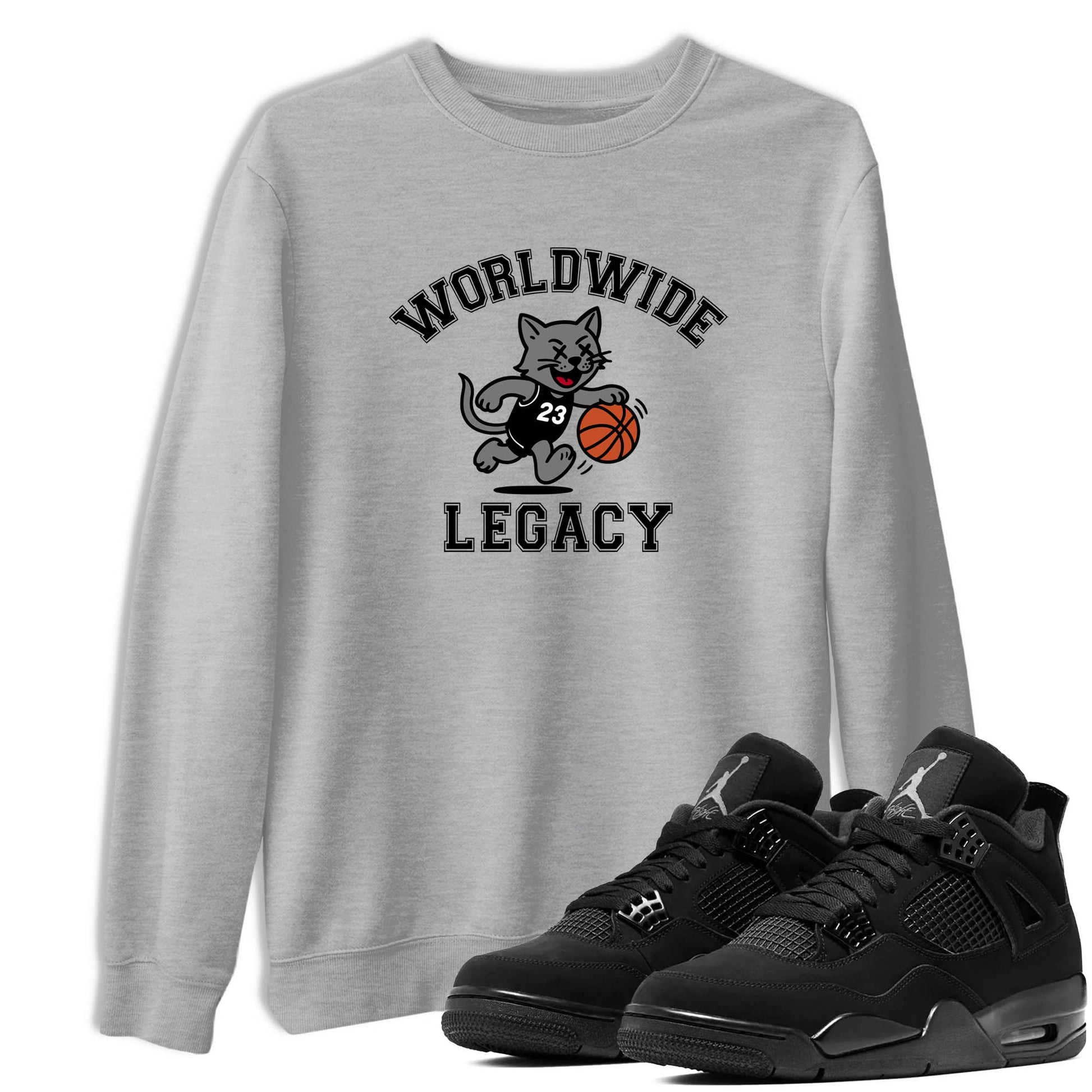 Sneaker Threads – Sneaker Tees To Match Air Jordan 4 Black Cat – Worldwide Legacy Graphic Tee Heather Grey 1. Perfect for Jordan releases 2025 colorways.