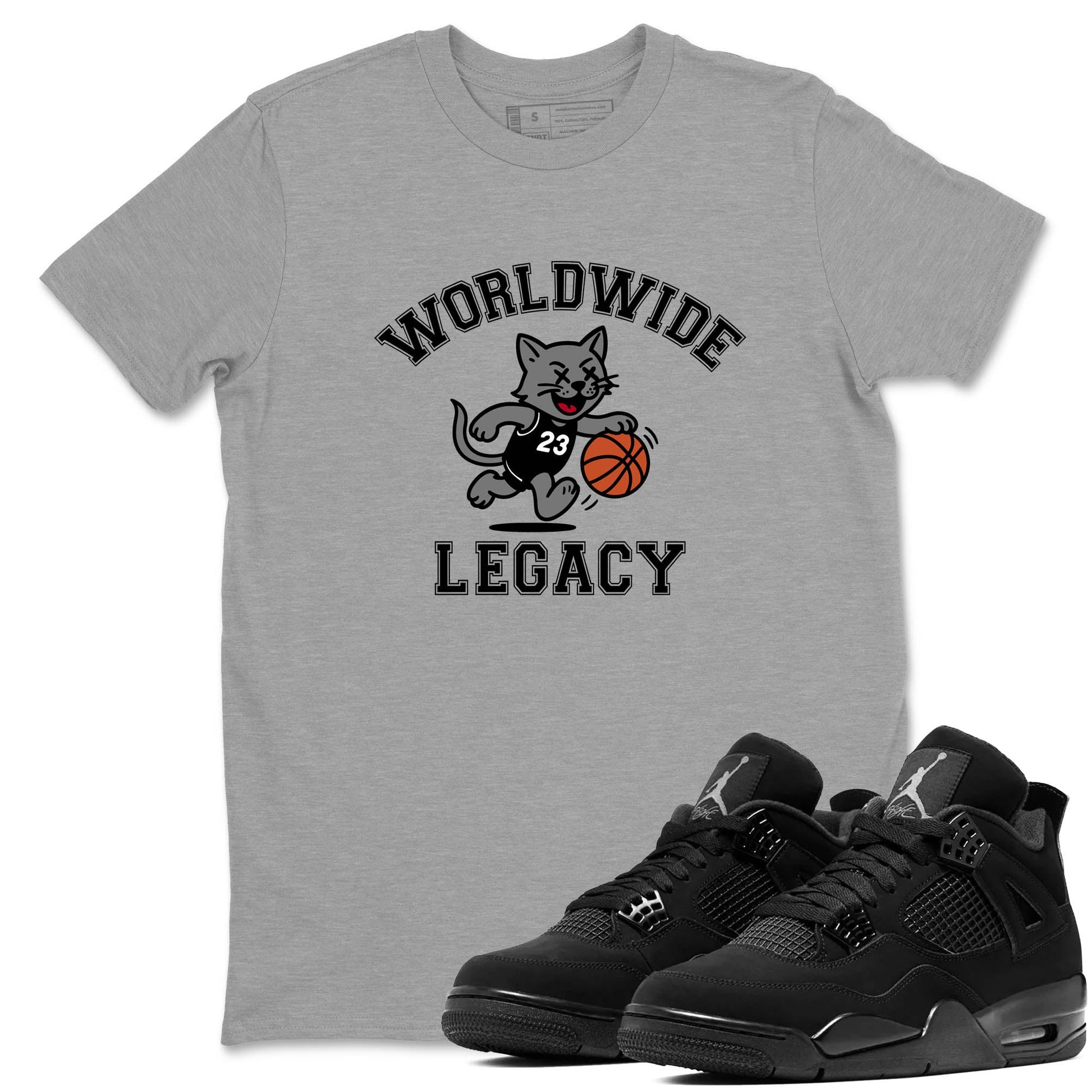 Sneaker Threads – Sneaker Tees To Match Air Jordan 4 Black Cat – Worldwide Legacy Graphic Tee Heather Grey 1. Perfect for Jordan releases 2025 colorways.