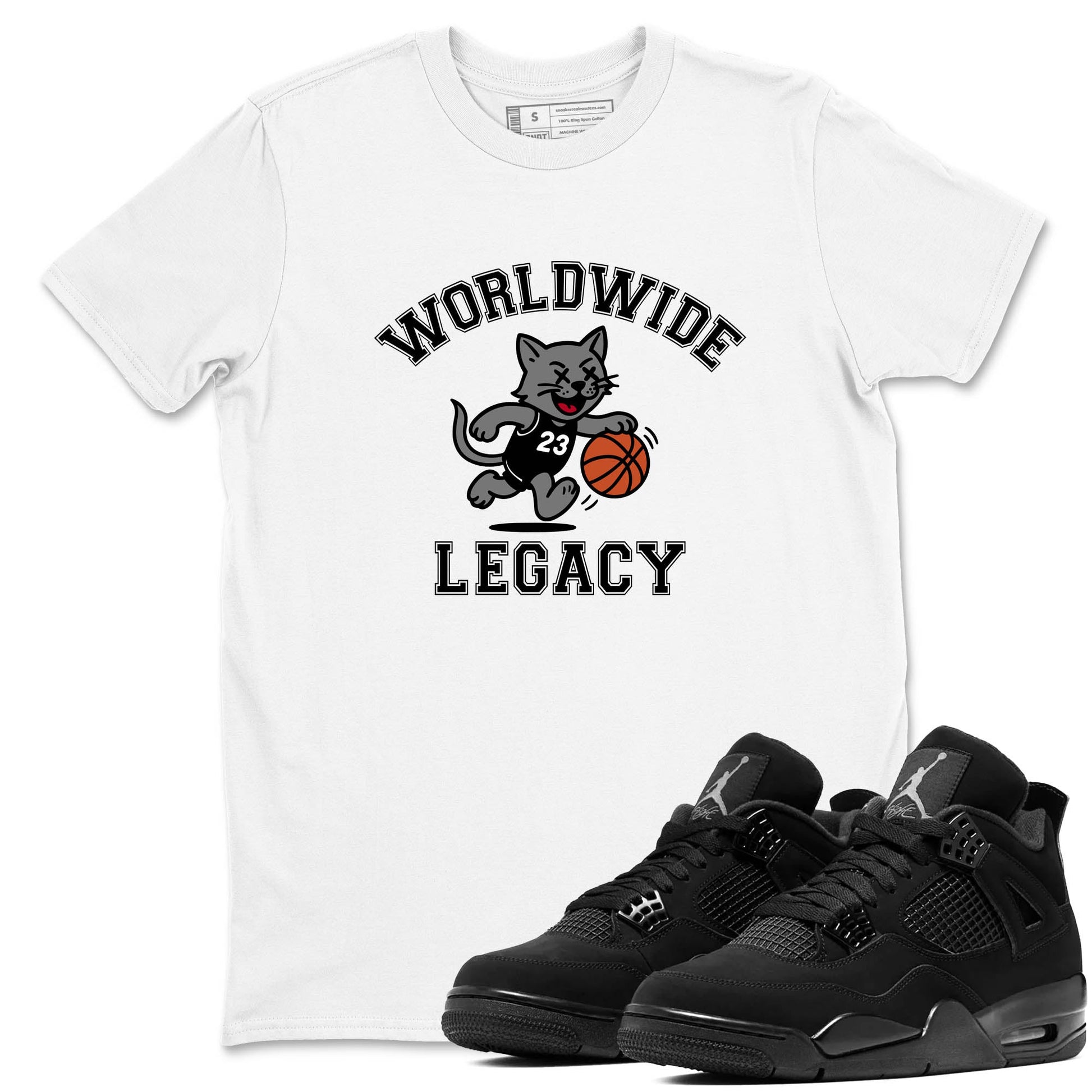 Sneaker Threads – Sneaker Tees To Match Air Jordan 4 Black Cat – Worldwide Legacy Graphic Tee White 1. Perfect for Jordan releases 2025 colorways.