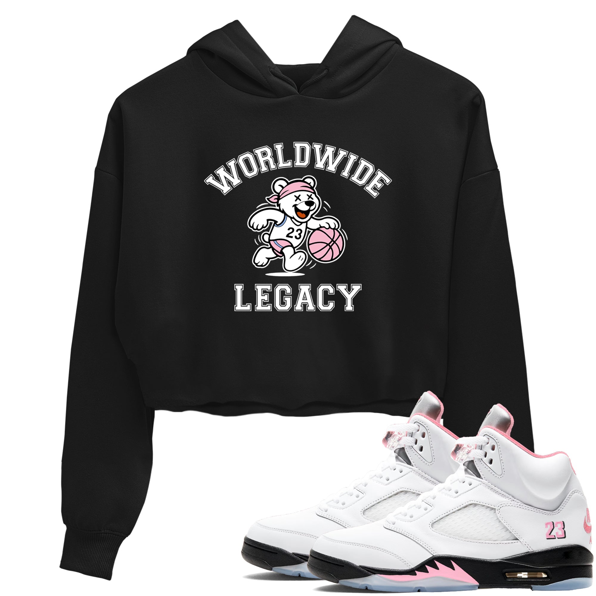 Sneaker Threads – Sneaker Tees To Match Air Jordan 5 Medium Soft Pink – Worldwide Legacy Crop Tee Black 1. Perfect for Jordan releases 2025 colorways.