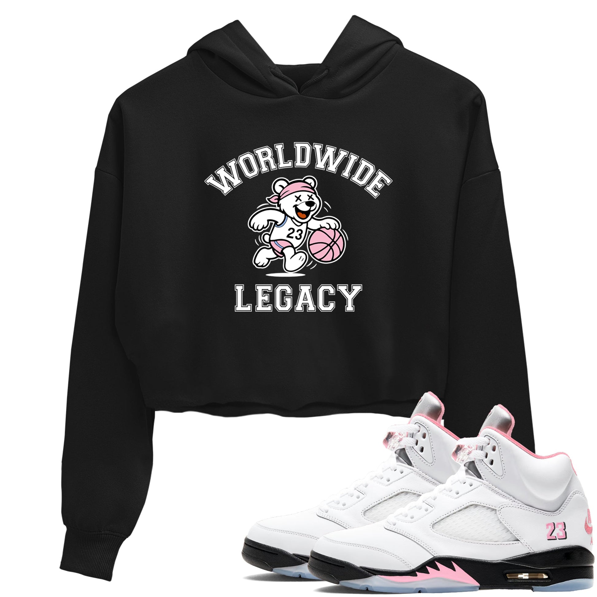 Sneaker Threads – Sneaker Tees To Match Air Jordan 5 Medium Soft Pink – Worldwide Legacy Crop Tee Black 1. Perfect for Jordan releases 2025 colorways.