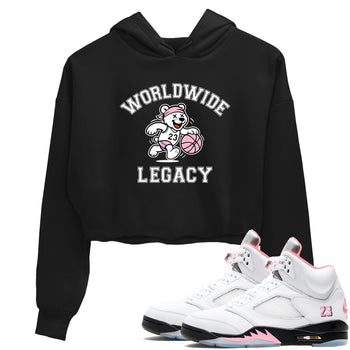Sneaker Threads – Sneaker Tees To Match Air Jordan 5 Medium Soft Pink – Worldwide Legacy Crop Tee Black 1. Perfect for Jordan releases 2025 colorways.