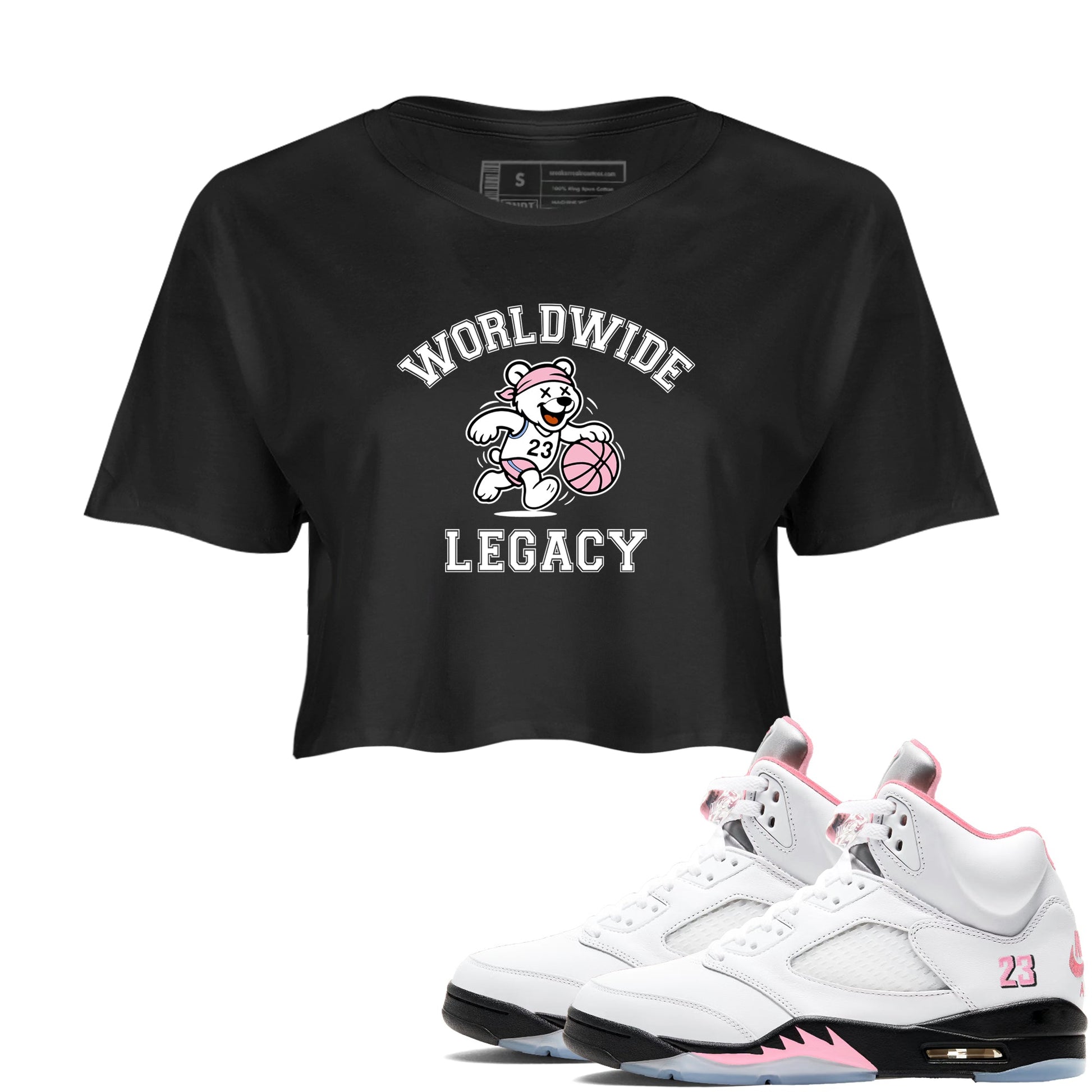Sneaker Threads – Sneaker Tees To Match Air Jordan 5 Medium Soft Pink – Worldwide Legacy Crop Tee Black 1. Perfect for Jordan releases 2025 colorways.