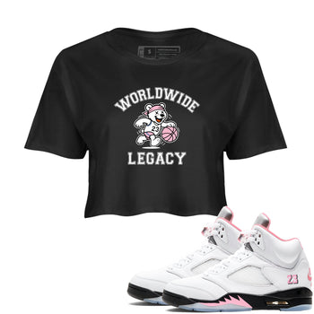 Sneaker Threads – Sneaker Tees To Match Air Jordan 5 Medium Soft Pink – Worldwide Legacy Crop Tee Black 1. Perfect for Jordan releases 2025 colorways.