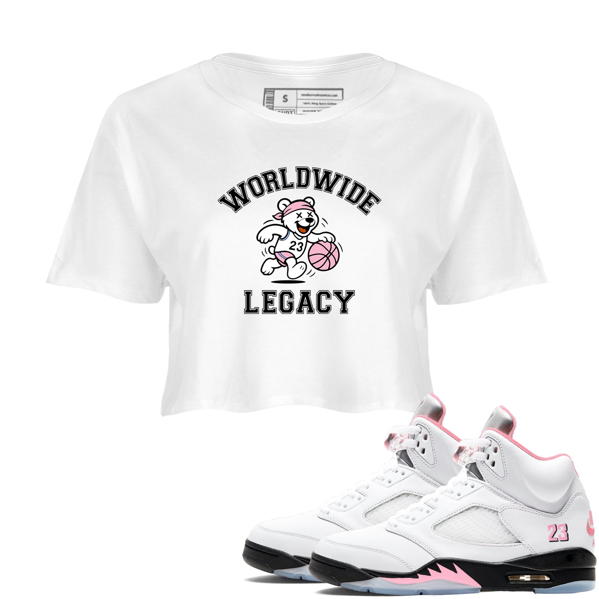 Sneaker Threads – Sneaker Tees To Match Air Jordan 5 Medium Soft Pink – Worldwide Legacy Crop Tee White 1. Perfect for Jordan releases 2025 colorways.