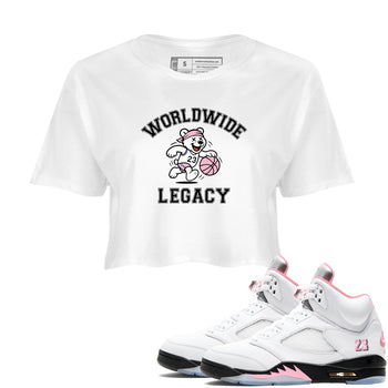 Sneaker Threads – Sneaker Tees To Match Air Jordan 5 Medium Soft Pink – Worldwide Legacy Crop Tee White 1. Perfect for Jordan releases 2025 colorways.