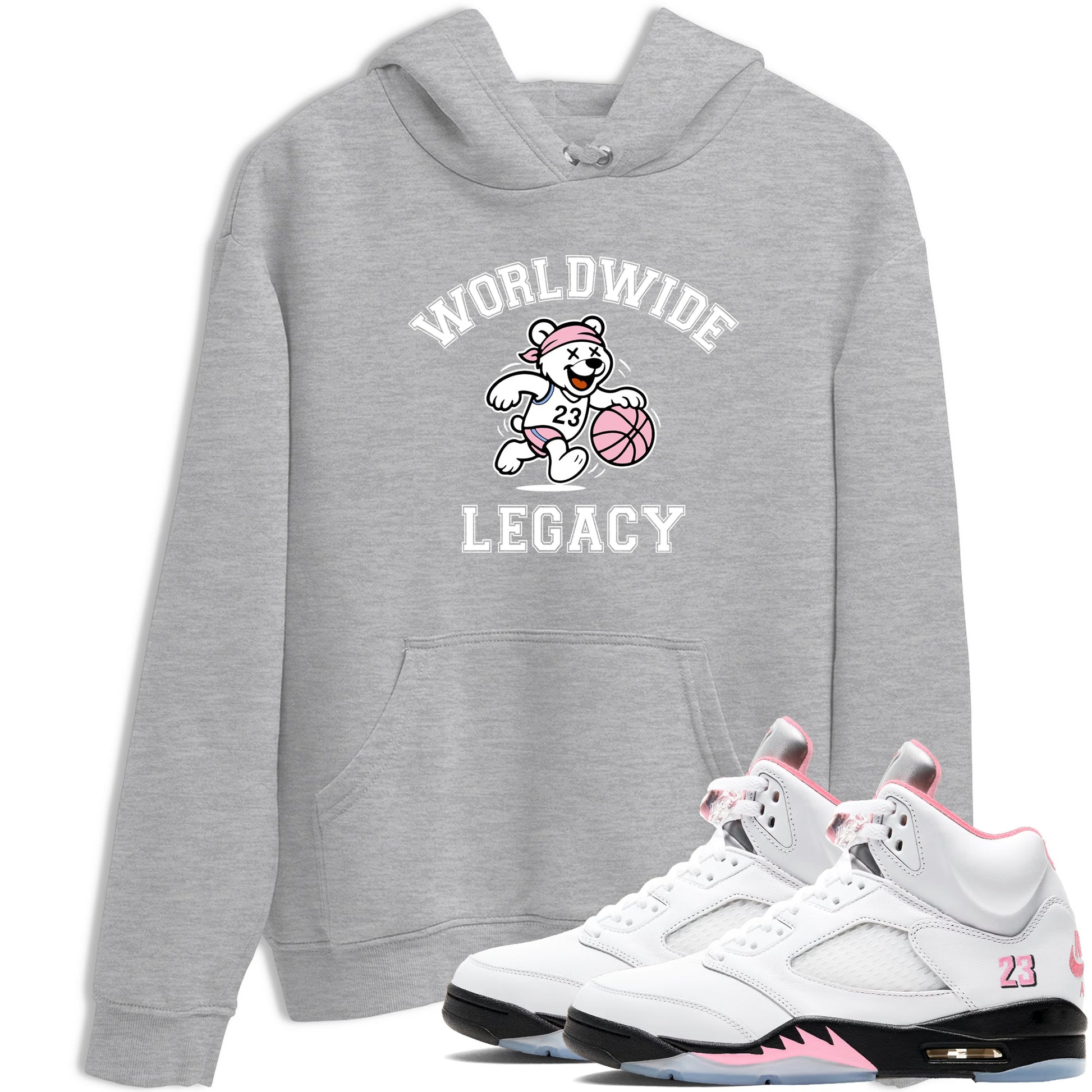 Sneaker Threads – Sneaker Tees To Match Air Jordan 5 Medium Soft Pink – Worldwide Legacy Graphic Tee Heather Grey 1. Perfect for Jordan releases 2025 colorways.