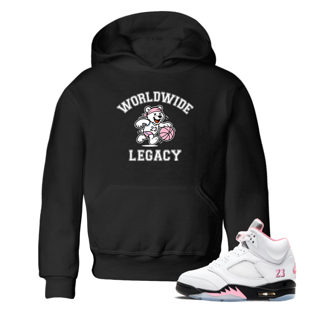 Sneaker Threads – Sneaker Tees To Match Air Jordan 5 Medium Soft Pink – Worldwide Legacy Youth Graphic Tee Black 1. Perfect for Jordan releases 2025 colorways.