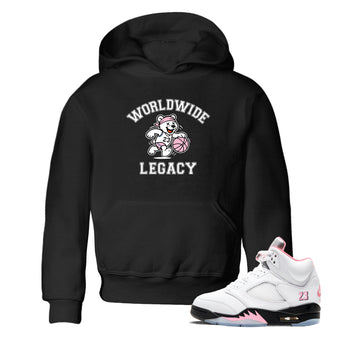 Sneaker Threads – Sneaker Tees To Match Air Jordan 5 Medium Soft Pink – Worldwide Legacy Youth Graphic Tee Black 1. Perfect for Jordan releases 2025 colorways.