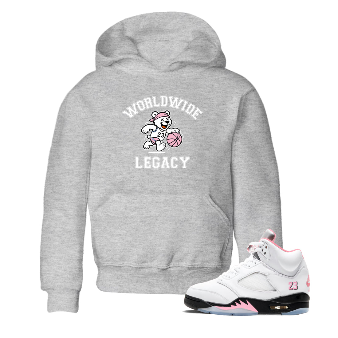 Sneaker Threads – Sneaker Tees To Match Air Jordan 5 Medium Soft Pink – Worldwide Legacy Youth Graphic Tee Heather Grey 1. Perfect for Jordan releases 2025 colorways.
