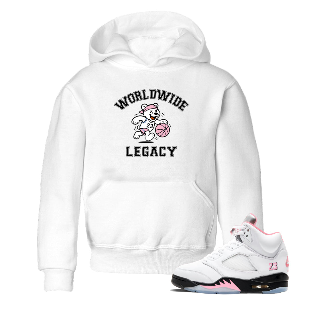 Sneaker Threads – Sneaker Tees To Match Air Jordan 5 Medium Soft Pink – Worldwide Legacy Youth Graphic Tee White 1. Perfect for Jordan releases 2025 colorways.