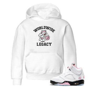 Sneaker Threads – Sneaker Tees To Match Air Jordan 5 Medium Soft Pink – Worldwide Legacy Youth Graphic Tee White 1. Perfect for Jordan releases 2025 colorways.
