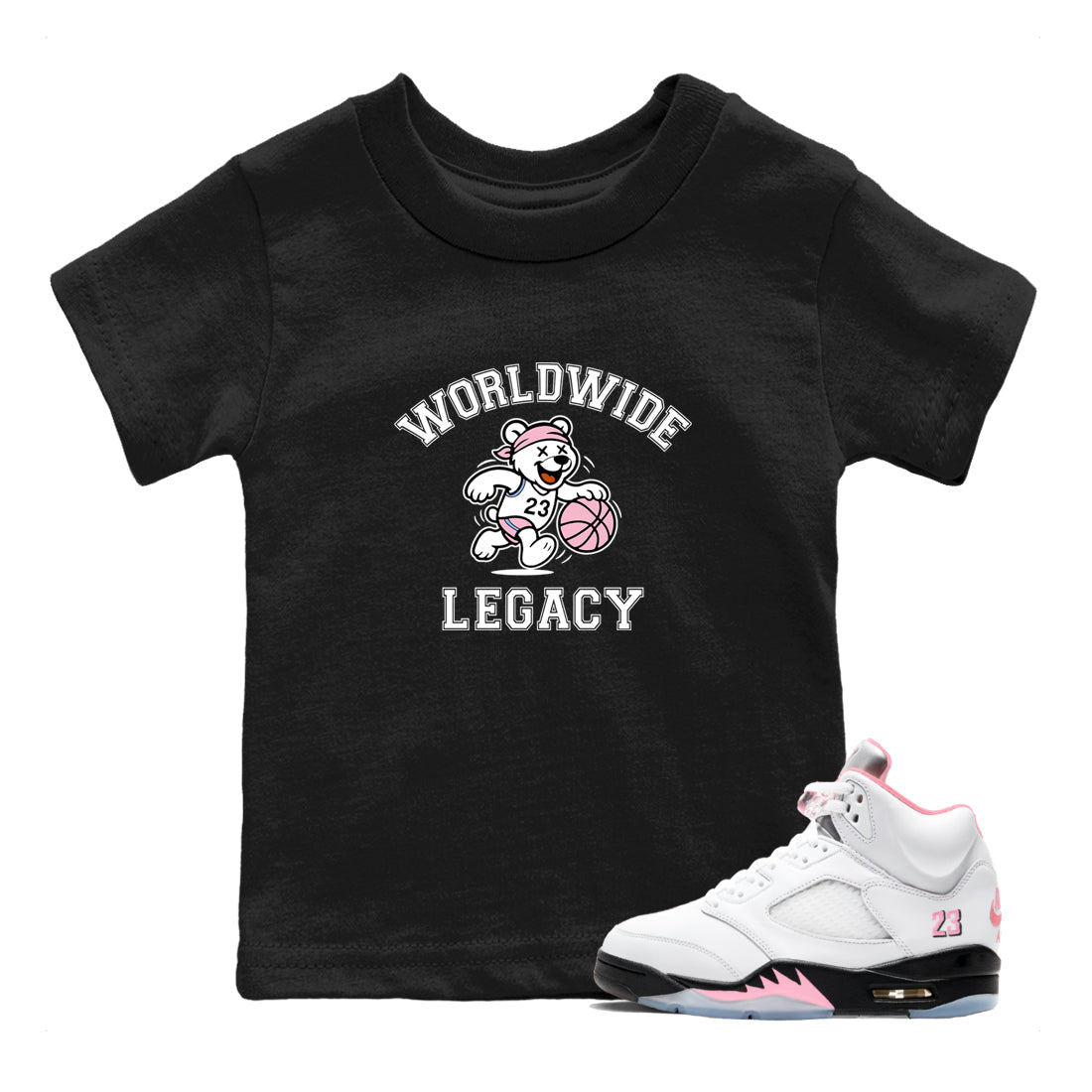 Sneaker Threads – Sneaker Tees To Match Air Jordan 5 Medium Soft Pink – Worldwide Legacy Youth Graphic Tee Black 1. Perfect for Jordan releases 2025 colorways.