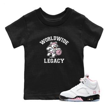 Sneaker Threads – Sneaker Tees To Match Air Jordan 5 Medium Soft Pink – Worldwide Legacy Youth Graphic Tee Black 1. Perfect for Jordan releases 2025 colorways.