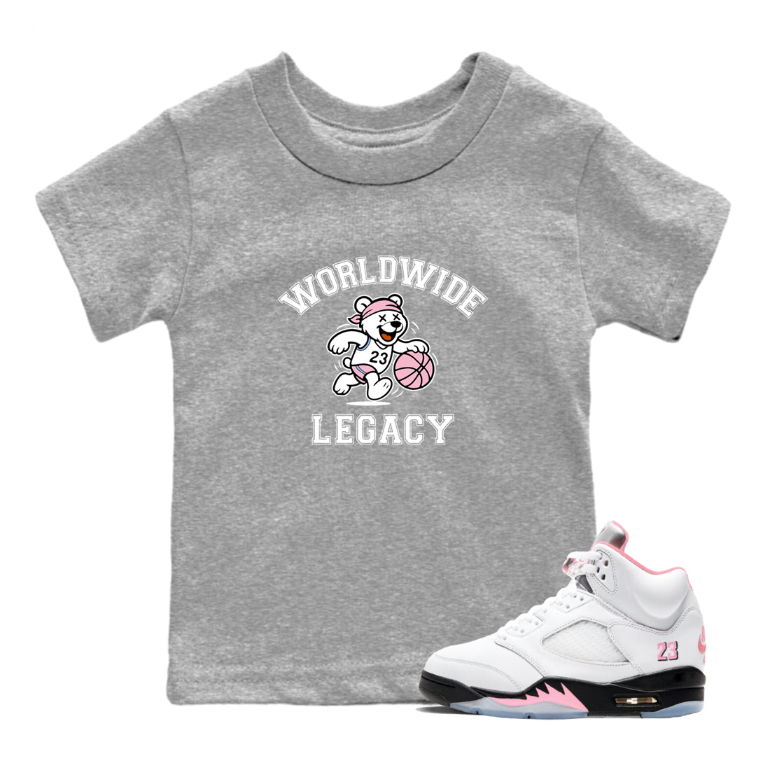 Sneaker Threads – Sneaker Tees To Match Air Jordan 5 Medium Soft Pink – Worldwide Legacy Youth Graphic Tee Heather Grey 1. Perfect for Jordan releases 2025 colorways.