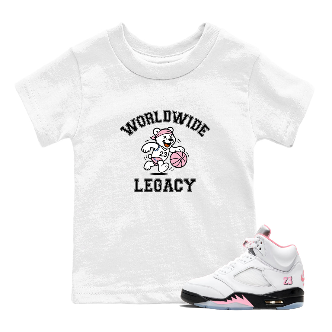 Sneaker Threads – Sneaker Tees To Match Air Jordan 5 Medium Soft Pink – Worldwide Legacy Youth Graphic Tee White 1. Perfect for Jordan releases 2025 colorways.