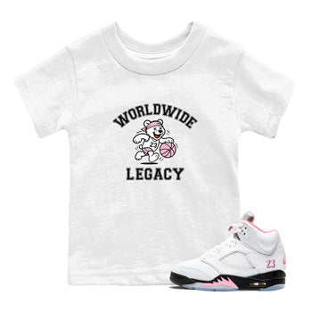 Sneaker Threads – Sneaker Tees To Match Air Jordan 5 Medium Soft Pink – Worldwide Legacy Youth Graphic Tee White 1. Perfect for Jordan releases 2025 colorways.