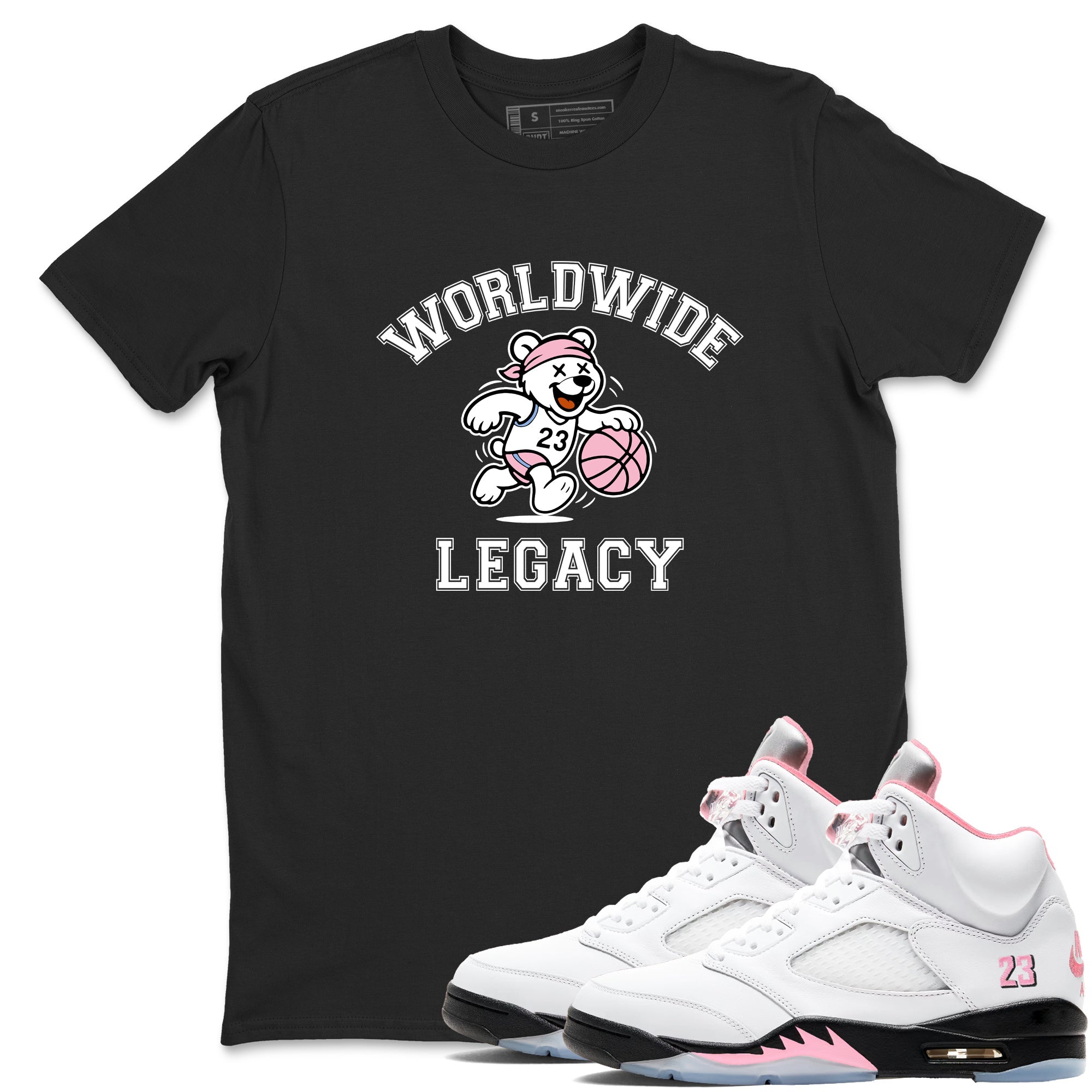 Sneaker Threads – Sneaker Tees To Match Air Jordan 5 Medium Soft Pink – Worldwide Legacy Graphic Tee Black 1. Perfect for Jordan releases 2025 colorways.