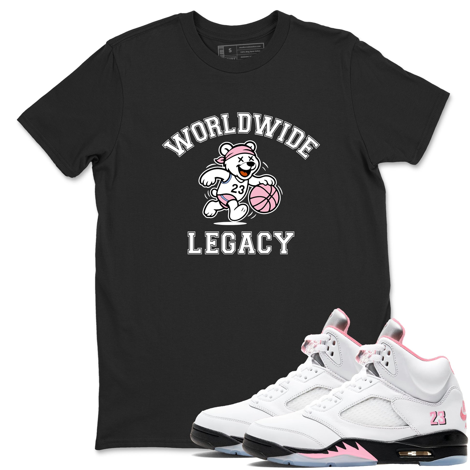 Sneaker Threads – Sneaker Tees To Match Air Jordan 5 Medium Soft Pink – Worldwide Legacy Graphic Tee Black 1. Perfect for Jordan releases 2025 colorways.