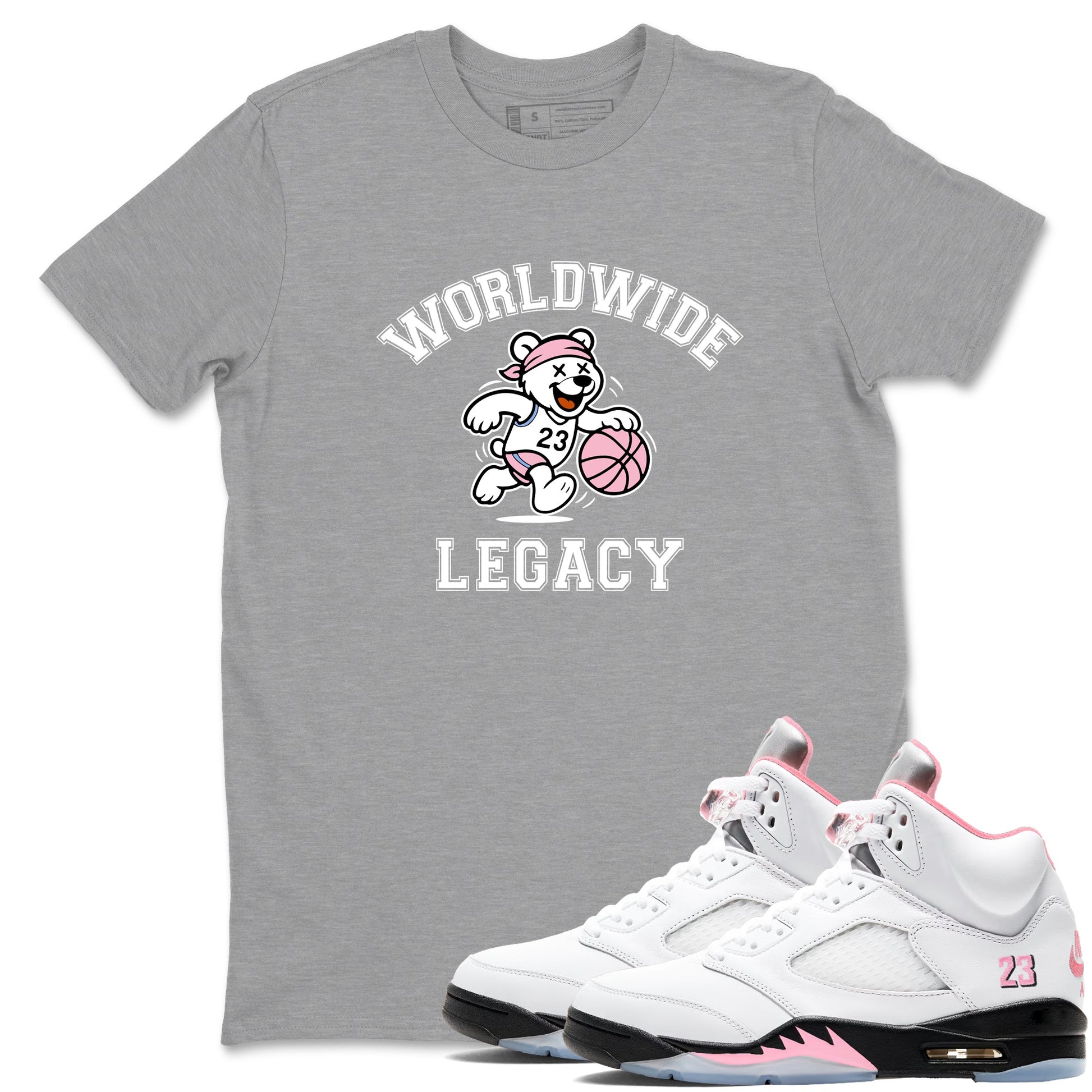 Sneaker Threads – Sneaker Tees To Match Air Jordan 5 Medium Soft Pink – Worldwide Legacy Graphic Tee Heather Grey 1. Perfect for Jordan releases 2025 colorways.