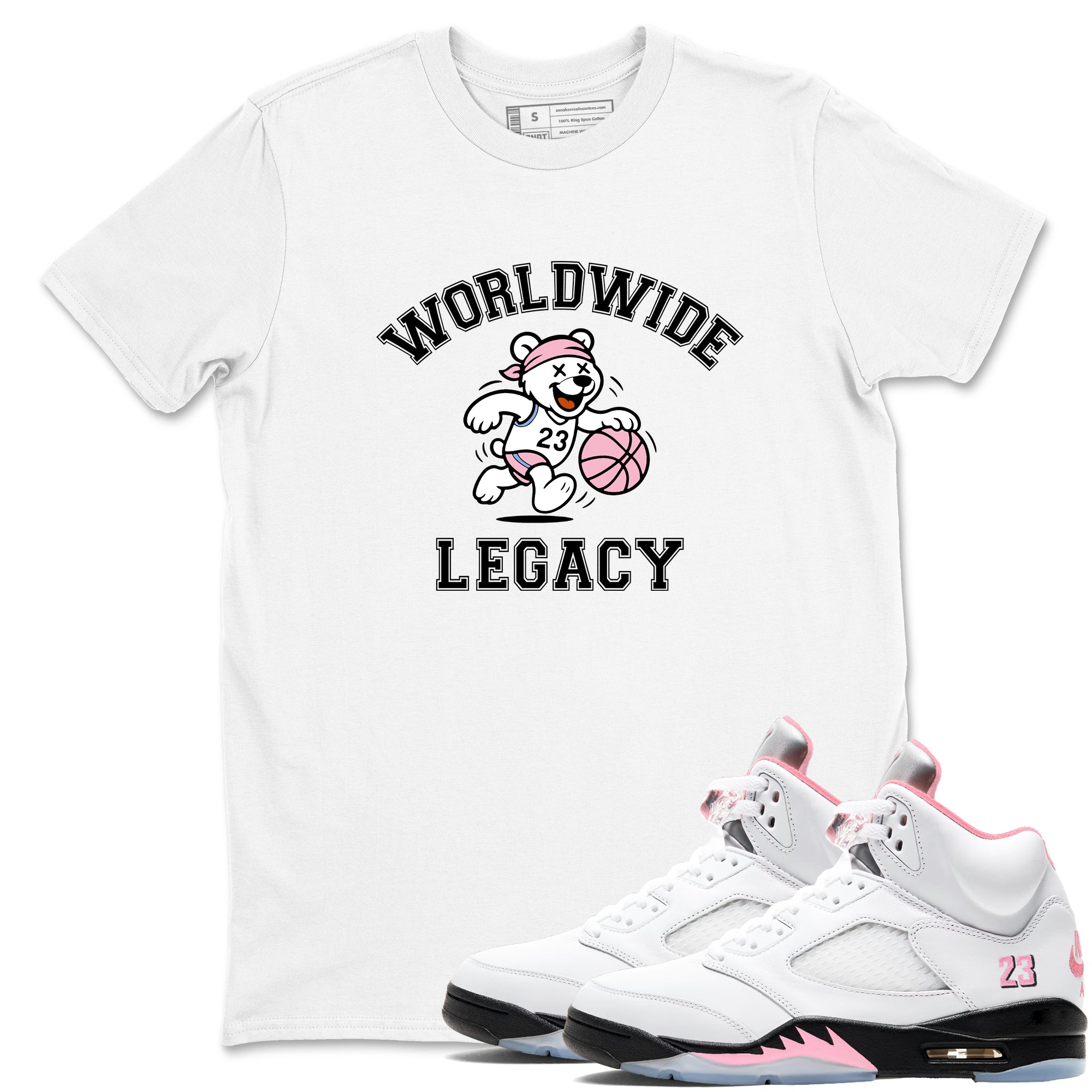 Sneaker Threads – Sneaker Tees To Match Air Jordan 5 Medium Soft Pink – Worldwide Legacy Graphic Tee White 1. Perfect for Jordan releases 2025 colorways.
