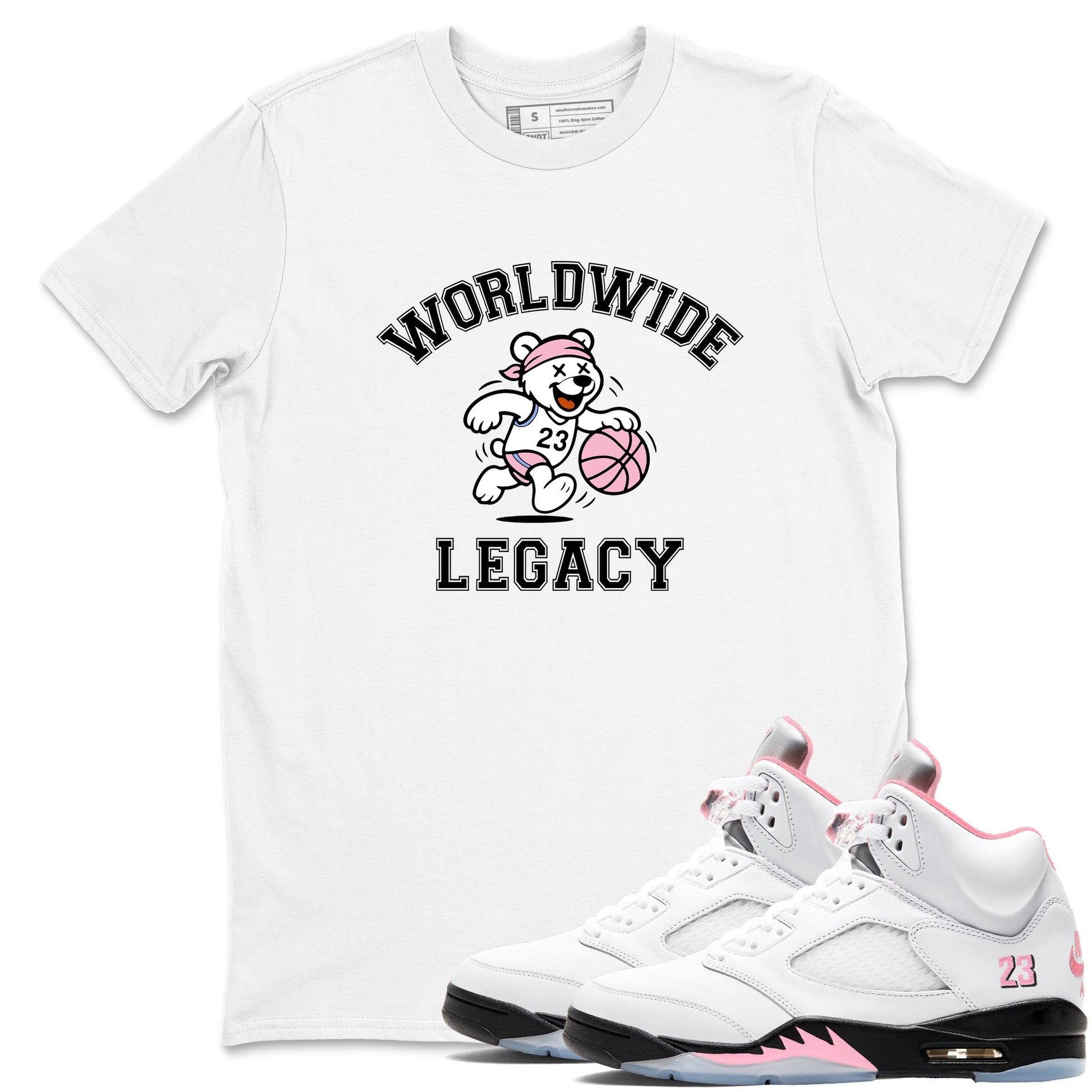 Sneaker Threads – Sneaker Tees To Match Air Jordan 5 Medium Soft Pink – Worldwide Legacy Graphic Tee White 1. Perfect for Jordan releases 2025 colorways.