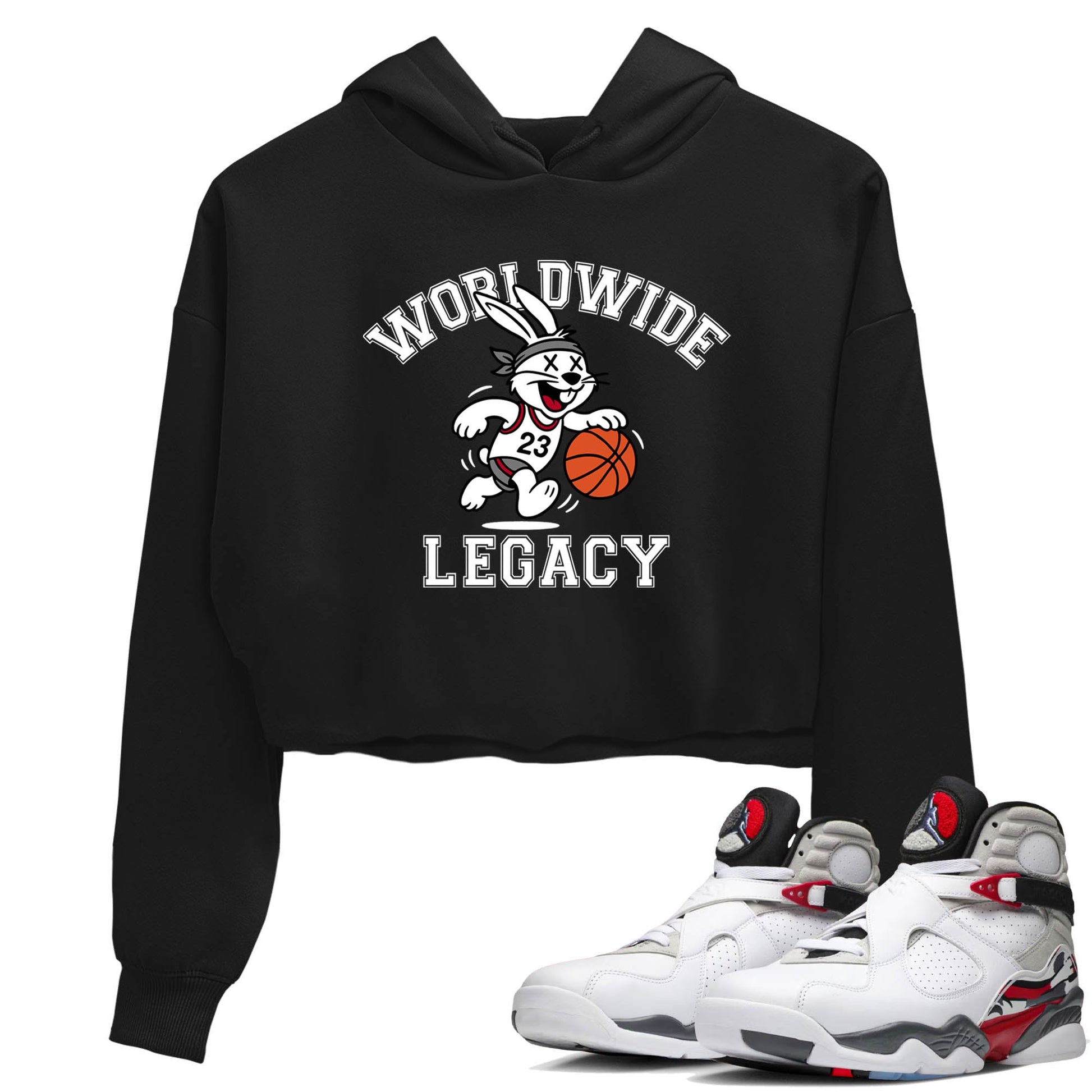 Sneaker Threads – Sneaker Tees To Match Air Jordan 8 Bunny – Worldwide Legacy Crop Tee Black 1. Perfect for Jordan releases 2025 colorways.