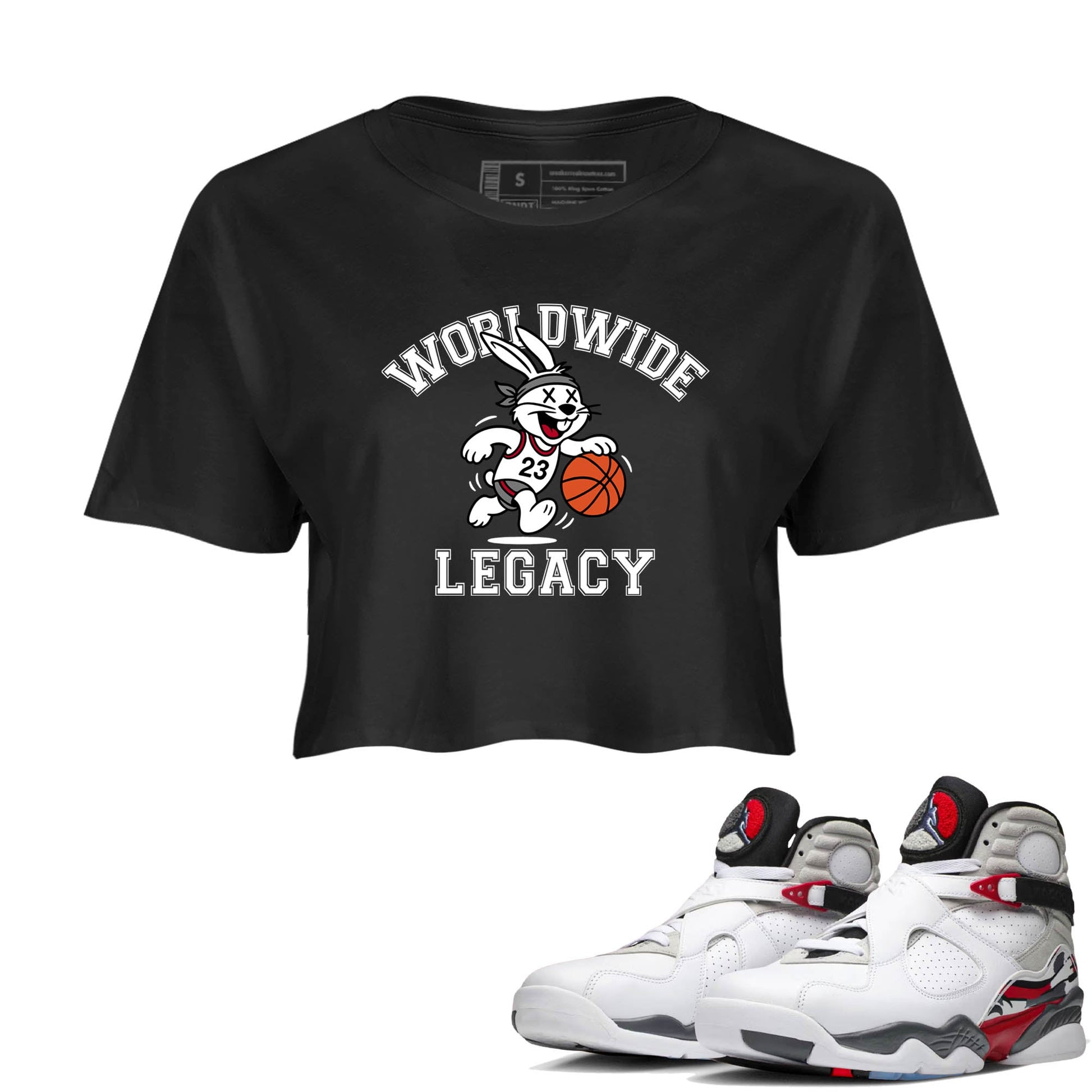Sneaker Threads – Sneaker Tees To Match Air Jordan 8 Bunny – Worldwide Legacy Crop Tee Black 1. Perfect for Jordan releases 2025 colorways.