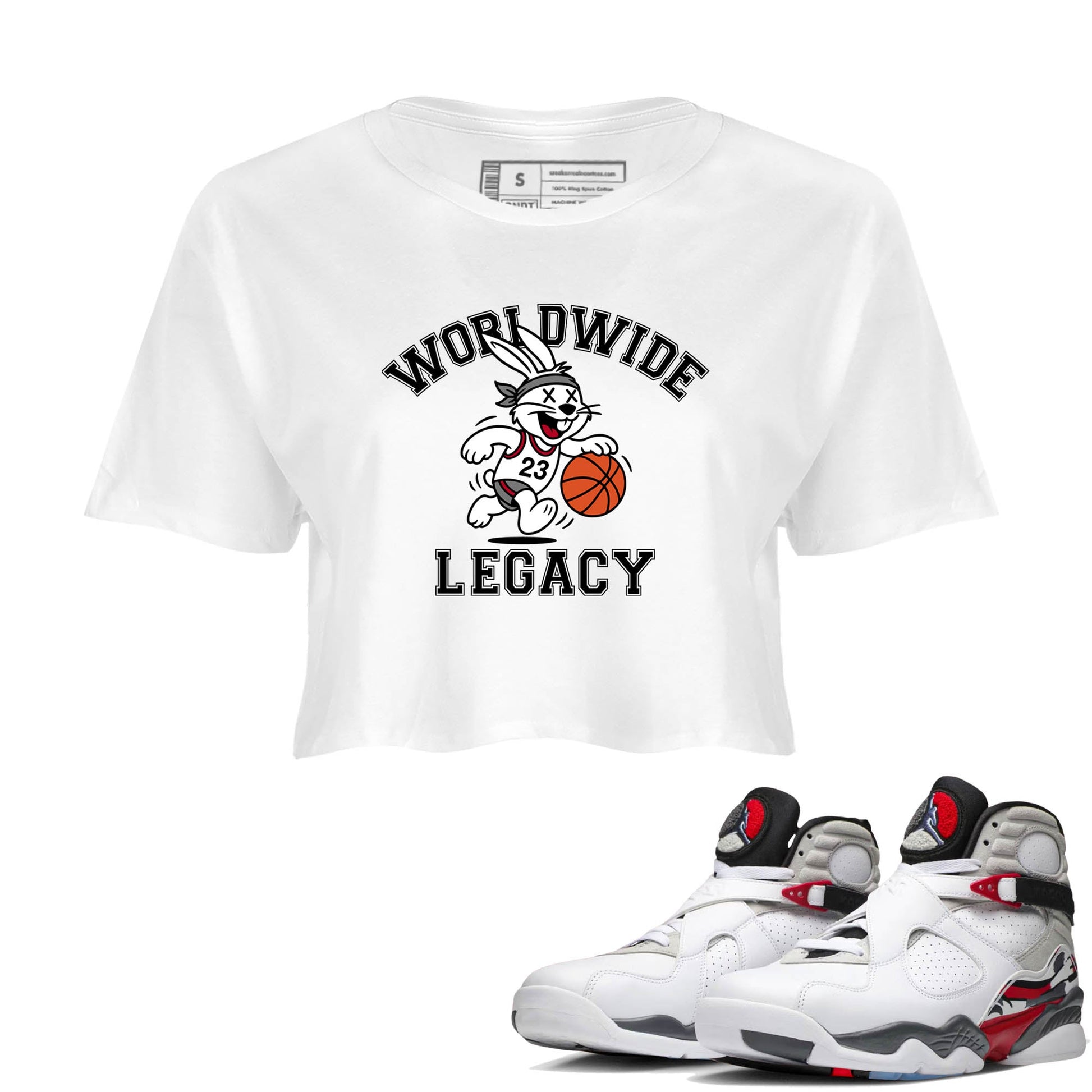Sneaker Threads – Sneaker Tees To Match Air Jordan 8 Bunny – Worldwide Legacy Crop Tee White 1. Perfect for Jordan releases 2025 colorways.