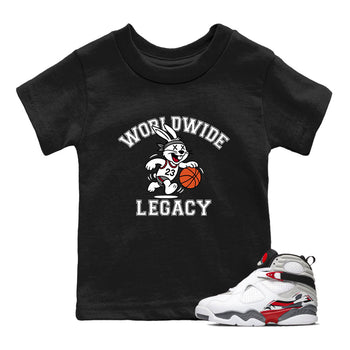 Sneaker Threads – Sneaker Tees To Match Air Jordan 8 Bunny – Worldwide Legacy Youth Graphic Tee Black 1. Perfect for Jordan releases 2025 colorways.