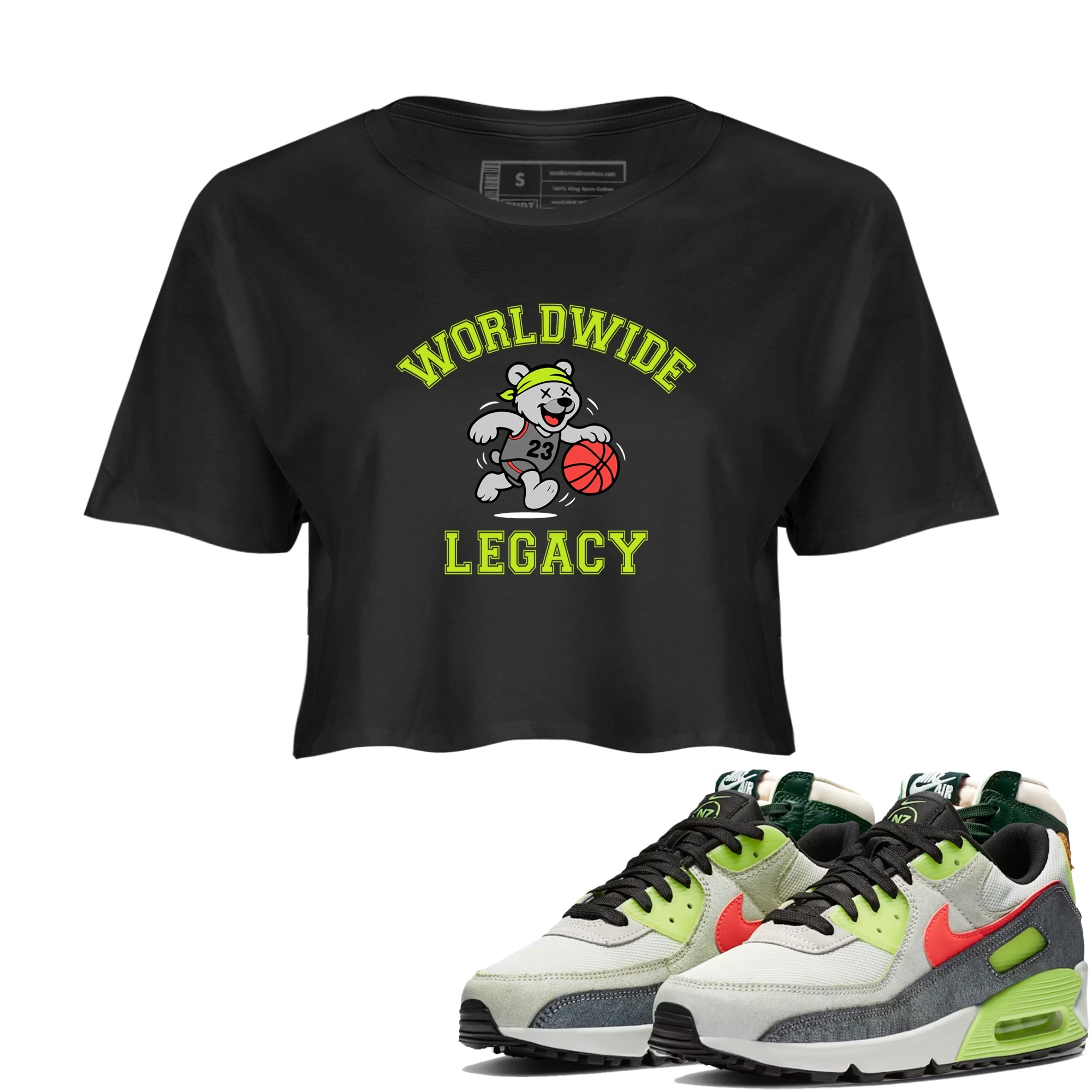 Sneaker Threads – Sneaker Tees To Match Air Max 90 Spruce Aura and Ghost Green – Worldwide Legacy Crop Tee Black 1. Perfect for Jordan releases 2025 colorways.