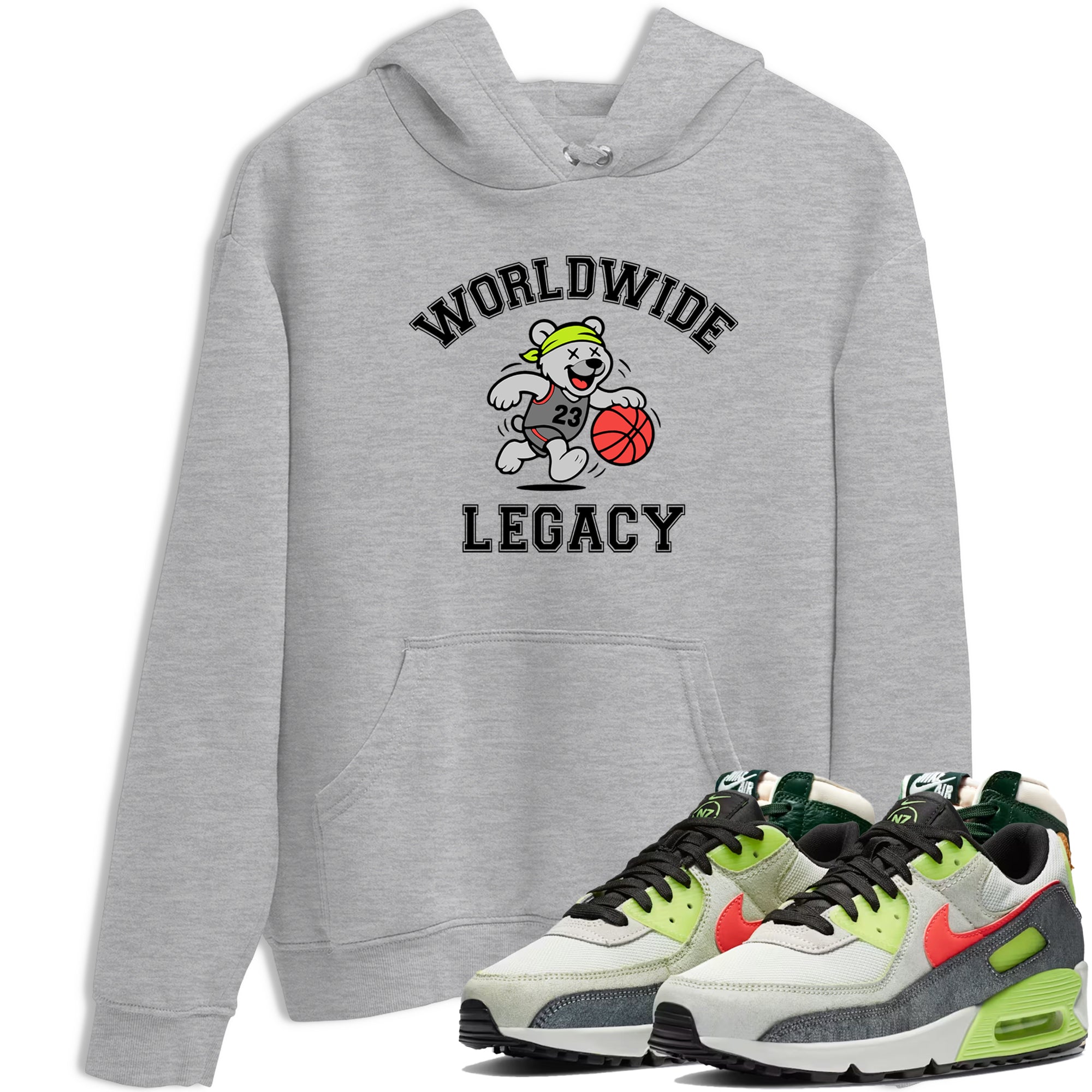 Sneaker Threads – Sneaker Tees To Match Air Max 90 Spruce Aura and Ghost Green – Worldwide Legacy Graphic Tee Heather Grey 1. Perfect for Jordan releases 2025 colorways.