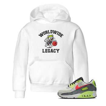 Sneaker Threads – Sneaker Tees To Match Air Max 90 Spruce Aura and Ghost Green – Worldwide Legacy Youth Graphic Tee White 1. Perfect for Jordan releases 2025 colorways.