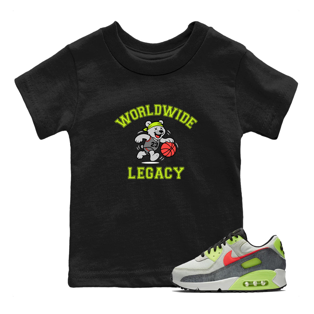 Sneaker Threads – Sneaker Tees To Match Air Max 90 Spruce Aura and Ghost Green – Worldwide Legacy Youth Graphic Tee Black 1. Perfect for Jordan releases 2025 colorways.