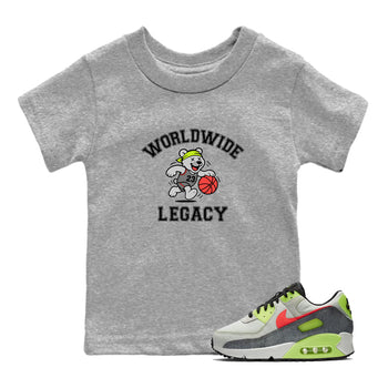 Sneaker Threads – Sneaker Tees To Match Air Max 90 Spruce Aura and Ghost Green – Worldwide Legacy Youth Graphic Tee Heather Grey 1. Perfect for Jordan releases 2025 colorways.