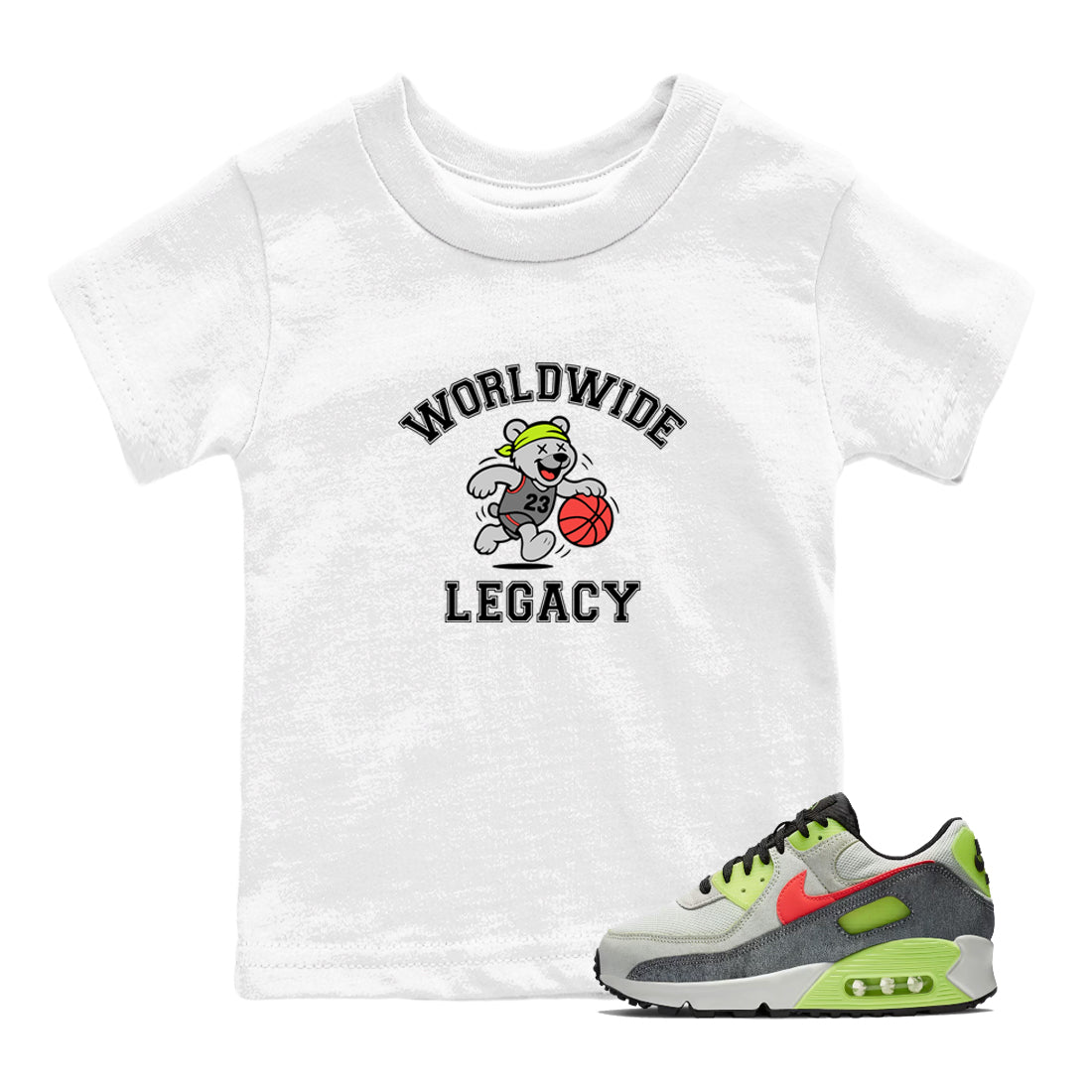 Sneaker Threads – Sneaker Tees To Match Air Max 90 Spruce Aura and Ghost Green – Worldwide Legacy Youth Graphic Tee White 1. Perfect for Jordan releases 2025 colorways.