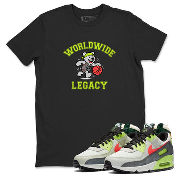 Sneaker Threads – Sneaker Tees To Match Air Max 90 Spruce Aura and Ghost Green – Worldwide Legacy Graphic Tee Black 1. Perfect for Jordan releases 2025 colorways.