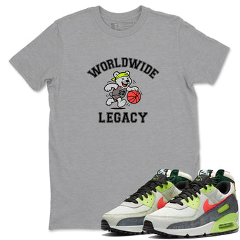 Sneaker Threads – Sneaker Tees To Match Air Max 90 Spruce Aura and Ghost Green – Worldwide Legacy Graphic Tee Heather Grey 1. Perfect for Jordan releases 2025 colorways.