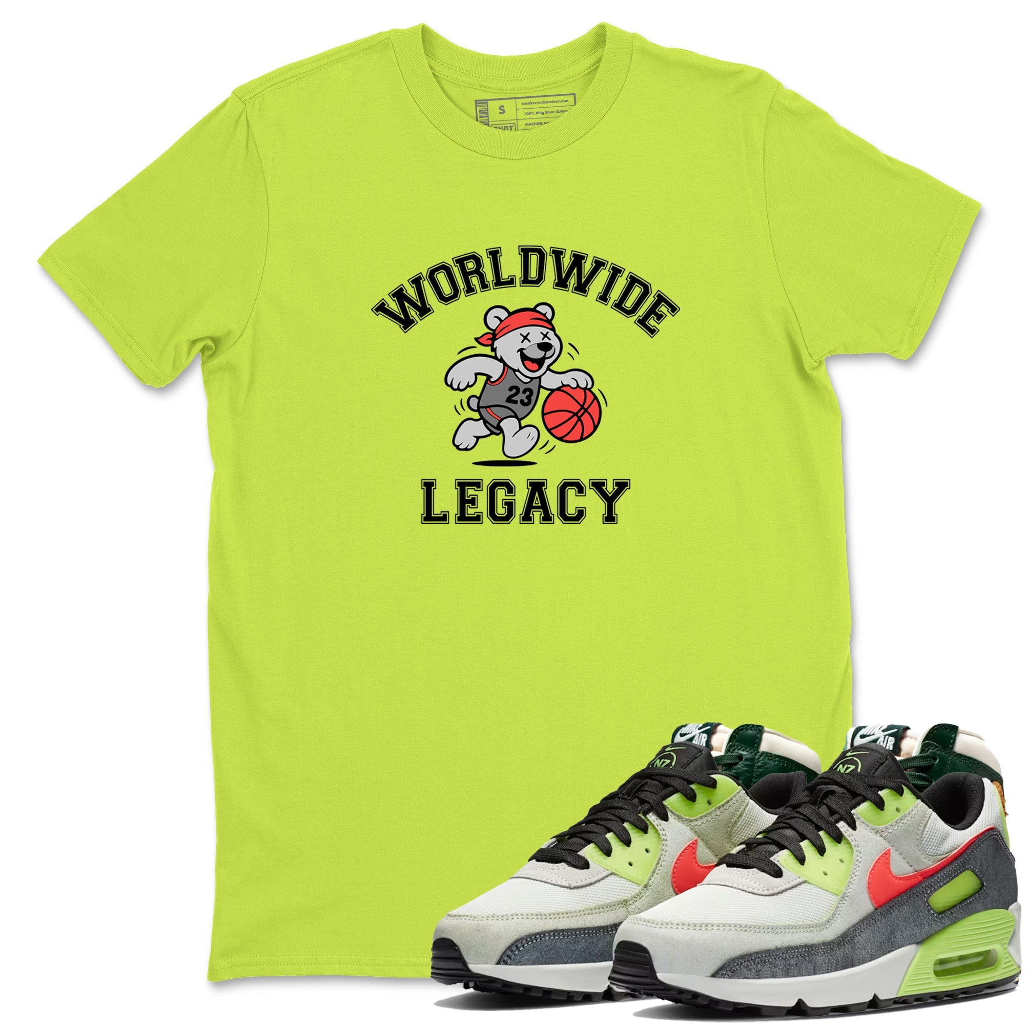Sneaker Threads – Sneaker Tees To Match Air Max 90 Spruce Aura and Ghost Green – Worldwide Legacy Graphic Tee Safety Green 1. Perfect for Jordan releases 2025 colorways.