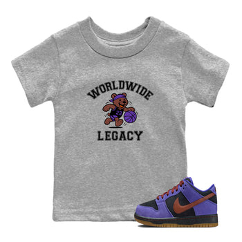 Sneaker Threads – Sneaker Tees To Match Dunk Low Persian Violet – Worldwide Legacy Youth Graphic Tee Heather Grey 1. Perfect for Jordan releases 2025 colorways.