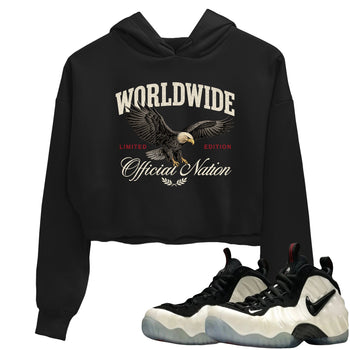 Sneaker Threads – Sneaker Tees To Match Air Foamposite One Pearl – Worldwide Official Nation Crop Tee Black 1. Perfect for Jordan releases 2025 colorways.