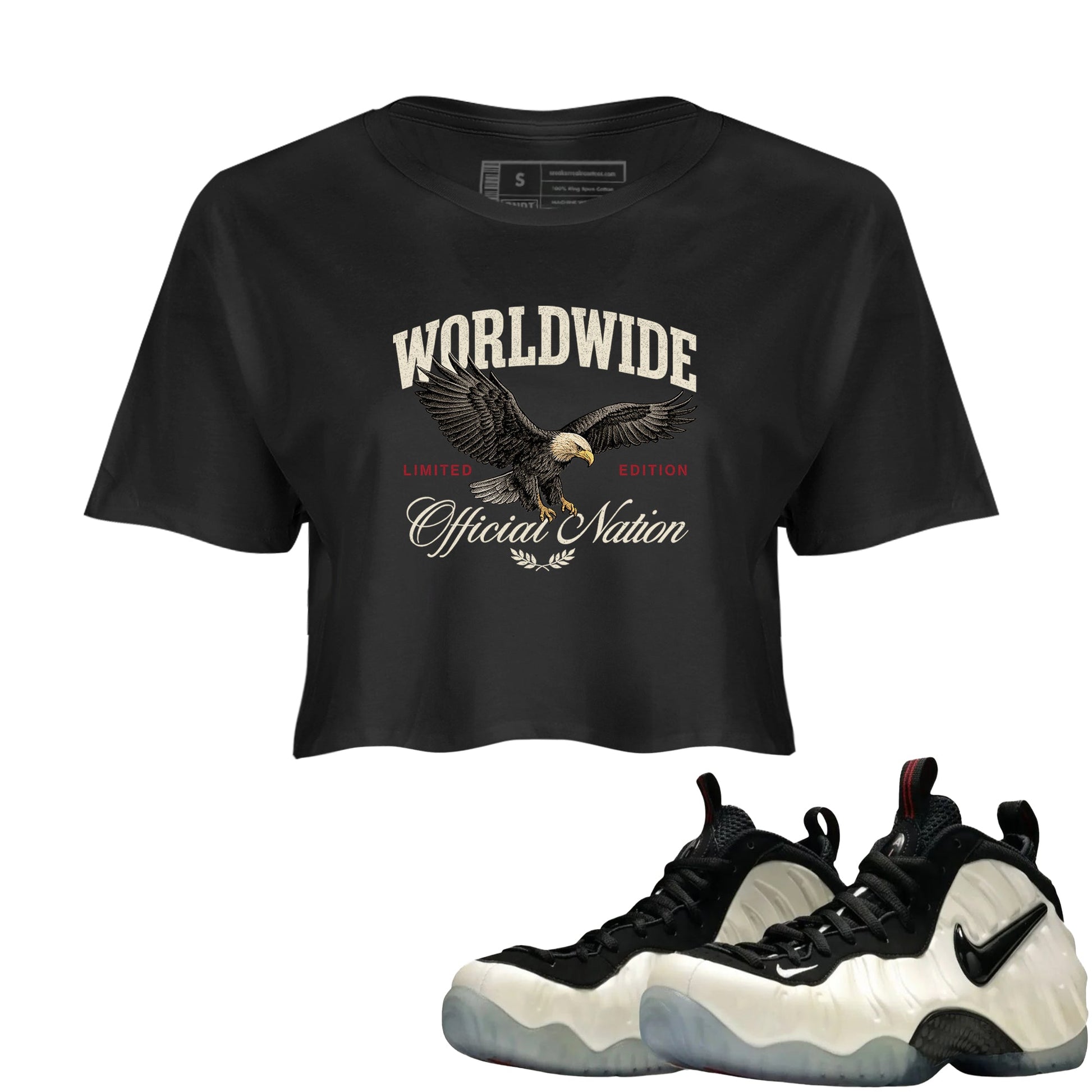 Sneaker Threads – Sneaker Tees To Match Air Foamposite One Pearl – Worldwide Official Nation Crop Tee Black 1. Perfect for Jordan releases 2025 colorways.