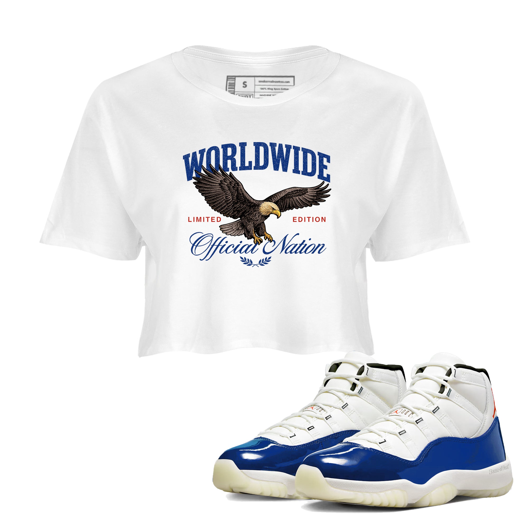 White t-shirt with eagle graphic and sneakers on a white background