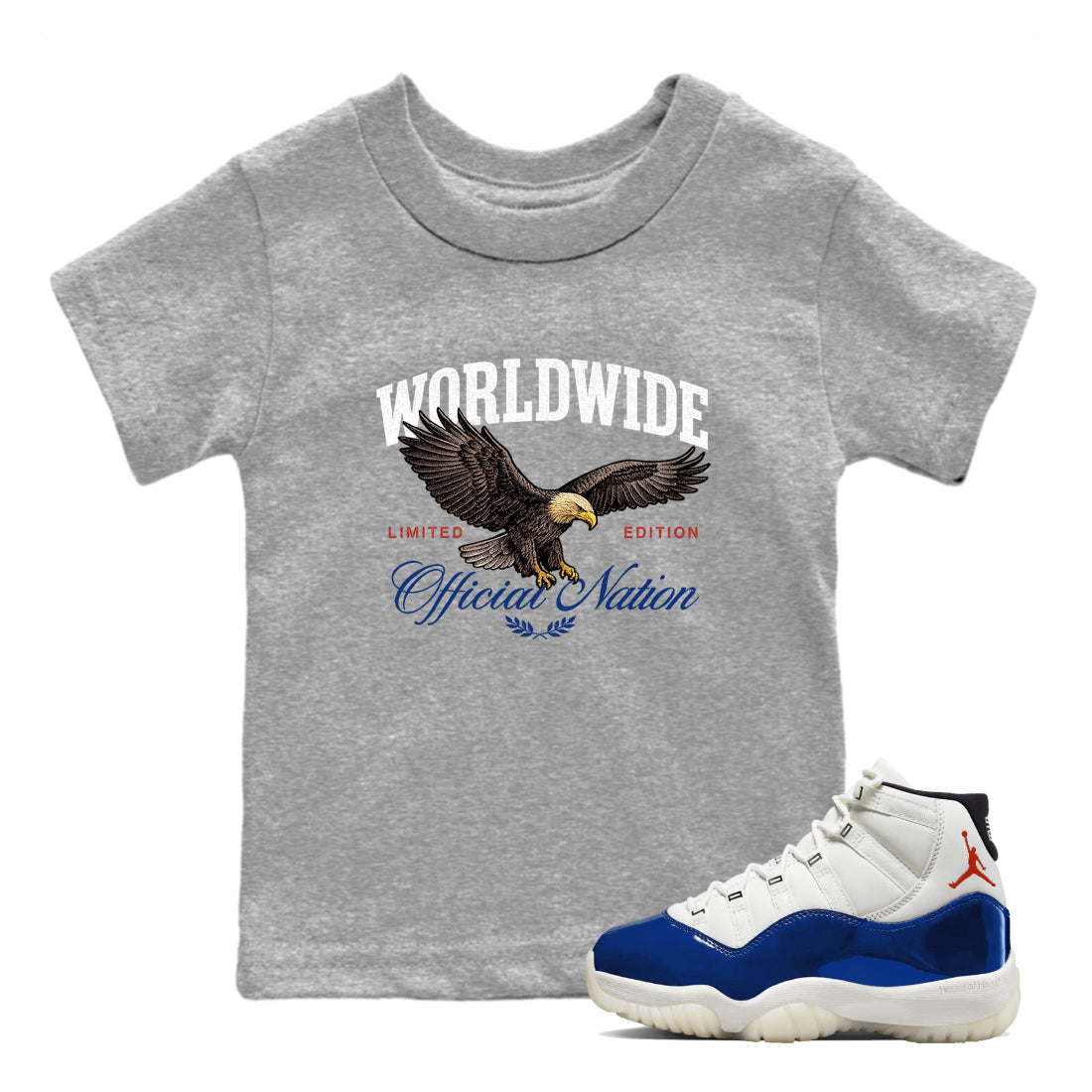 Gray t-shirt with eagle graphic and text, paired with a white and blue sneaker on a white background