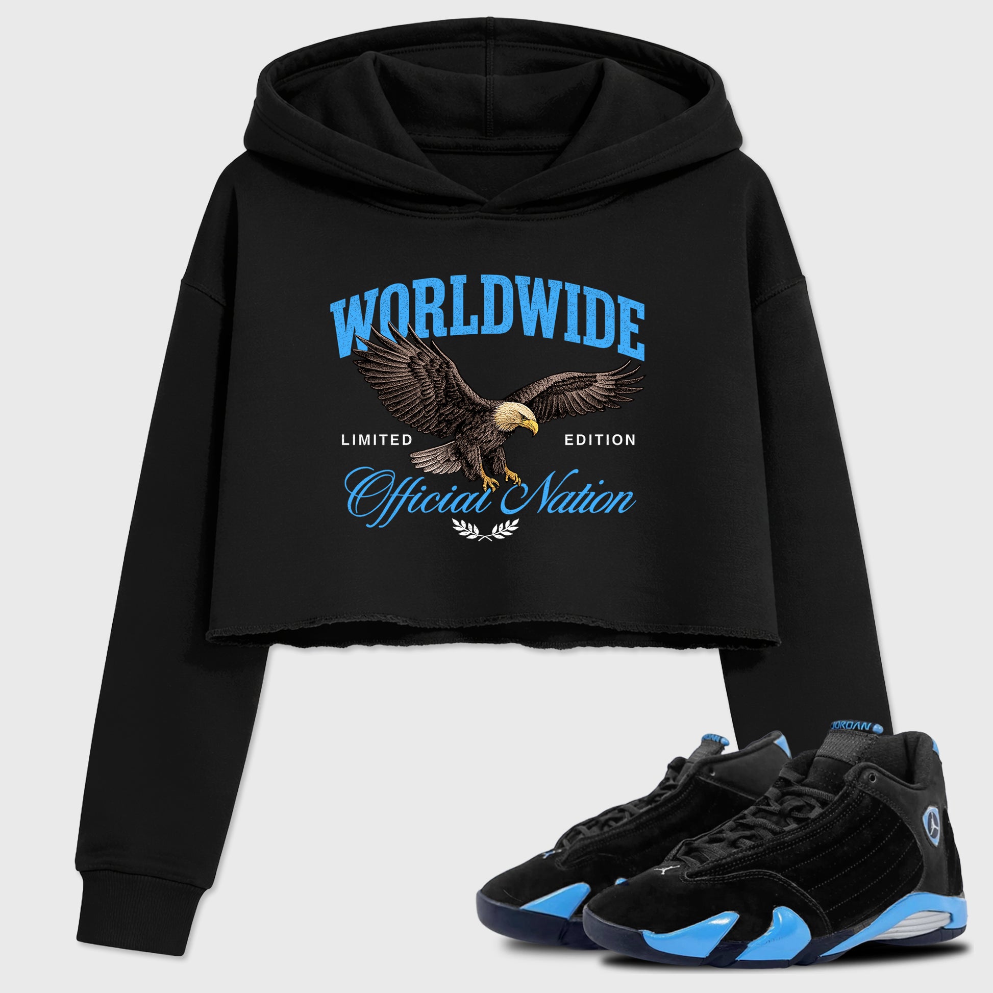 Sneaker match tees – Sneaker Tees To Match Air Jordan 14 University Blue Shoes – Worldwide Official Nation Crop T-Shirt Black 1
