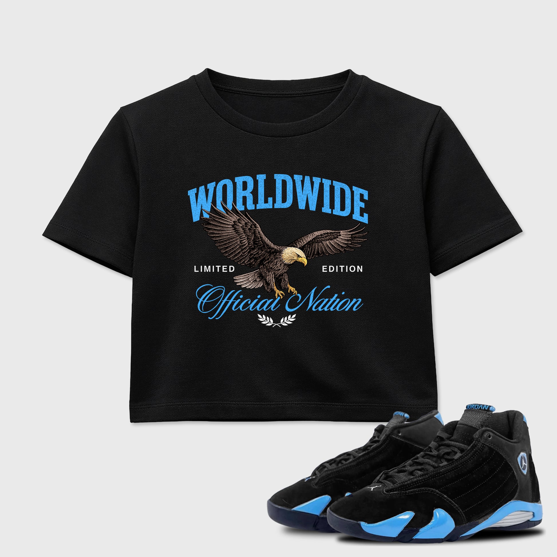 Sneaker match tees – Sneaker Tees To Match Air Jordan 14 University Blue Shoes – Worldwide Official Nation Crop T-Shirt Black 1